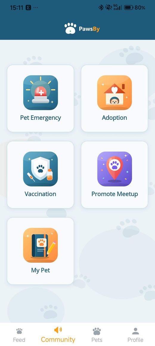 Pawsby community: emergency, adoption, vaccination, meetup and pet diary
